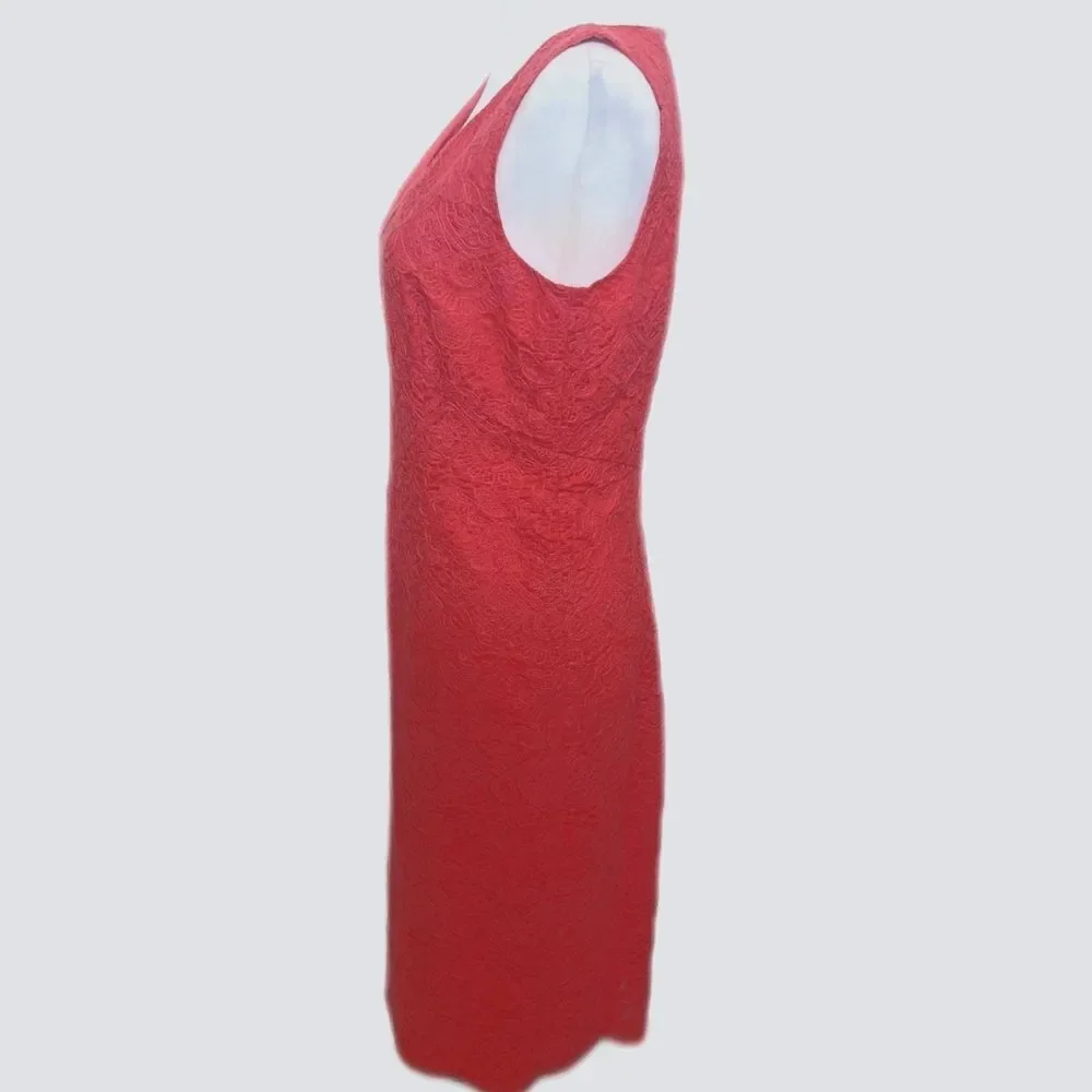 Tory Burch coral pink sheath dress, lined, lace overlay, v-neck, sleeveless 10